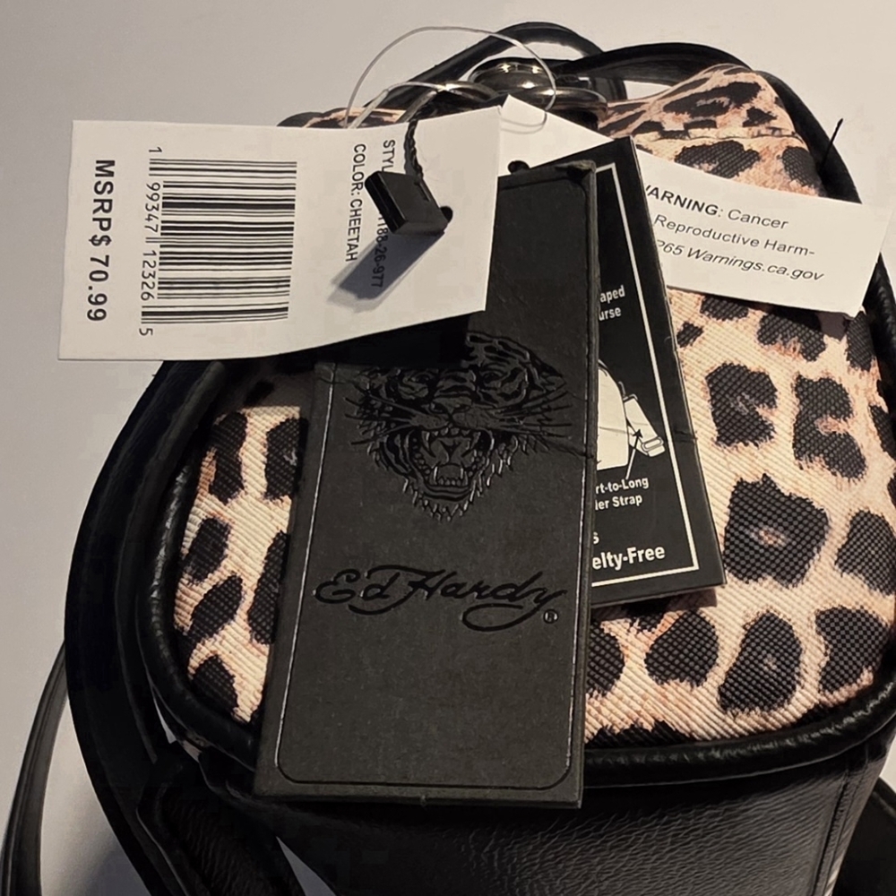 Ed Hardy Tattoo Cheetah Print Handbag Eternal Love Bag Vegan Material Skulls NWT - Picture 12 of 15